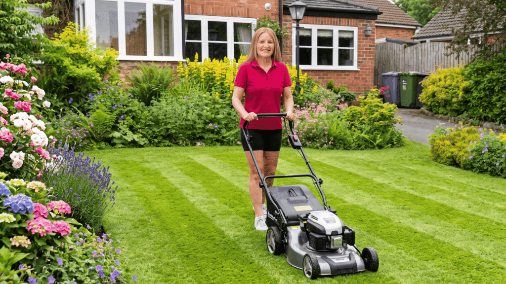 woman mowing lawn