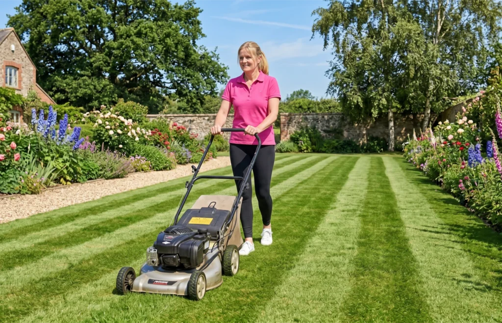 woman mowing lawn
